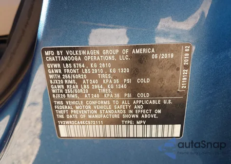 2019 Volkswagen Atlas 3.6L V6 Se W/Technology z USA, uszkodzony, nr VIN 1V2WR2CA6KC572111